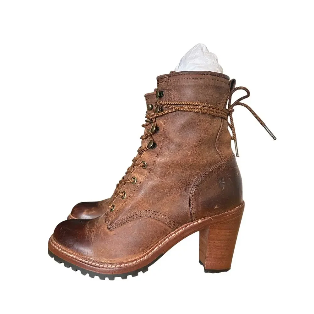 Frye Lucy Brown Leather Lace Up Ankle Boot 9
